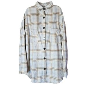 UVN Women Plaid Shacket Oversized Flannel Shirt Jacket Tan White Large NWT New
